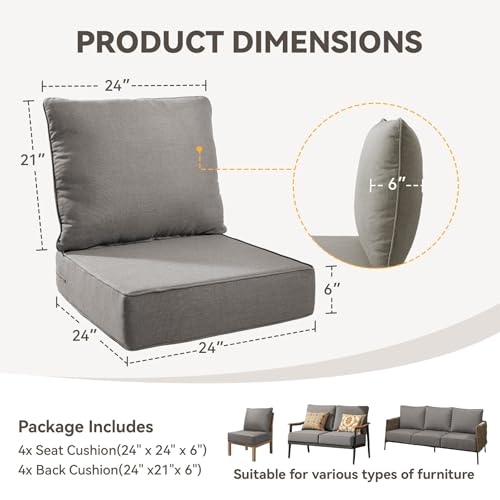 Image of Outdoor Cushion Set for Patio Furniture, UV Resistant, Water Resistant - 6 Inch Thick Foam Garden Cushions- 24x24 Inch Patio Seat Covers for Chair /Sofa /Couch | Grey | 4-Pack |