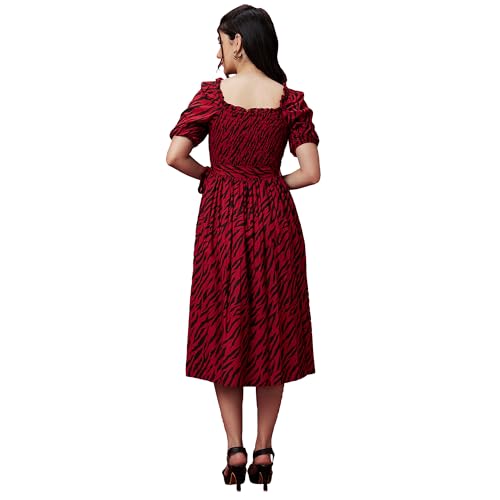 Image of Globus Women Black and Red Square Neck Puff Sleeve Smocked Midi Dress-3640243001