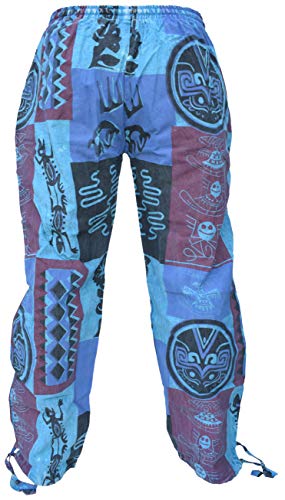 Gheri Mens Hemp Cotton Tribal Patchwork Gecko Print Aztec Symbols Loose Straight Trouser Pants4