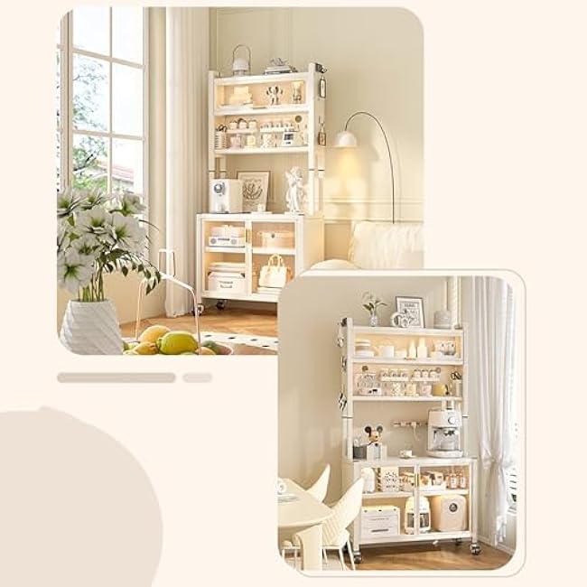 Coffee Bar Cabinet with Transparent Flip Switch Door, DIY Bakers Rack & Microwave Stand, Rolling Cart with Brake Casters for Kitchen, Dining Room & Living Room - 82cm Long-FfvcIXxr