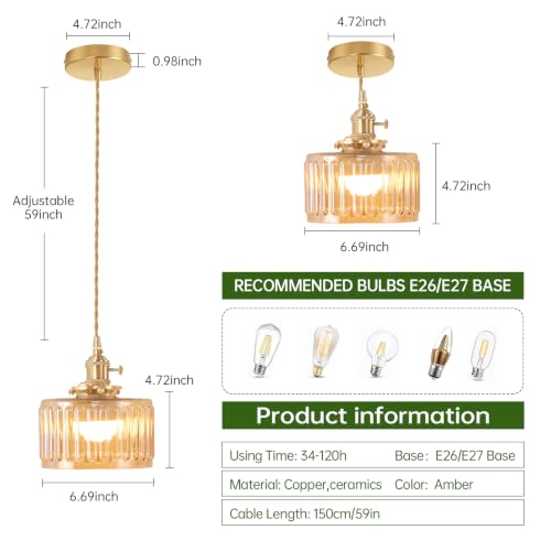 Image of Shenmoyl Battery Operated Pendant Light 5000mAh Rechargeable Chandelier with Remote Control Wireless Adjustable Hanging Amber Striped Light for Kitchen Island Dining Room Hallway