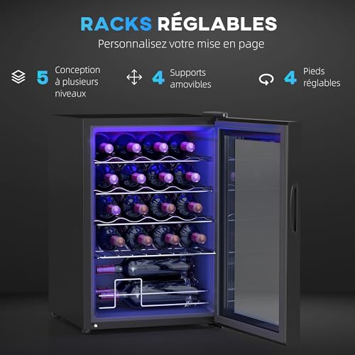 HOMCOM Cave à vin 20 bouteilles 53L réfrigérateur à vin silencieux avec porte en verre, éclairage LED, écran tactile numérique, frigo vin contrôle de la température 5-18°C, protection UV, noir – Image 6