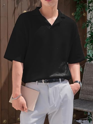 Image of Men's Textured Waffle Knit Polo T-Shirt | Relaxed Fit Half Sleeve Collared Tee | Soft Breathable Casual Summer T-Shirt