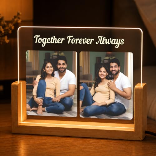 Image of Giftplease Personalized LED Acrylic Photo Frame for Couple with Custom Picture and Message, Romantic Bedroom Table Decor, Anniversary Keepsake, USB Night Lamp, Wooden Base Home Display Art