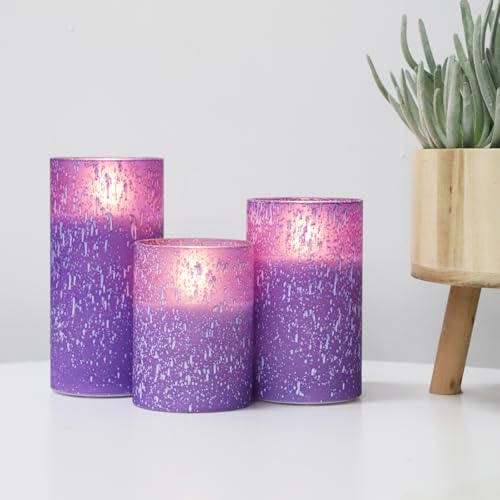 Image of Purple Flameless Candles With Remote LED Battery Operated Candles Set of 3 | Real Wax Raindrop Glass Design Timer & Brightness Settings Safe LED Candles for Halloween Christmas Bedroom & Fall Decor