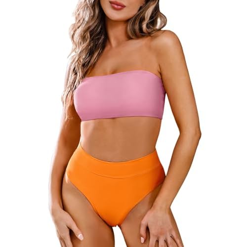 Pink Queen Women's Removable Strap Wrap Pad Cheeky High Waist Bikini Set Swimsuit Small 01 - Pink and Orange