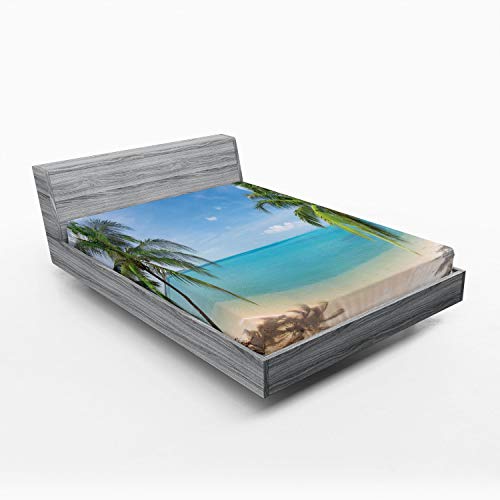 Ambesonne Ocean Fitted Sheet, Panoramic View Of Tropical Sandy Beach Exotic Vacation Theme Print, Soft Decorative Fabric Bedding All-Round Elastic Pocket, Queen Size, Brown Turquoise #TOP14