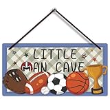 Fun-Plus Little Man Cave Sign，Boys Room Decor Soccer Basketball Baseball Football Wall Art，Door Hanging Plaque for Baby Nursery Room Kids Bedroom Playroom Room, brown