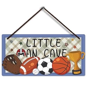 Fun-Plus Little Man Cave Sign，Boys Room Decor Soccer Basketball Baseball Football Wall Art，Door Hanging Plaque for Baby Nursery Room Kids Bedroom Playroom Room, brown