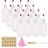 CUCUMI 16pcs 4oz Plastic Squeeze Bottles, with Red Tip Caps and Measurement, with Extra 1 Funnel, 18 Kraft Paper Stickers and 1 Brush for Crafts, Art, Glue, Kitchen Condiments