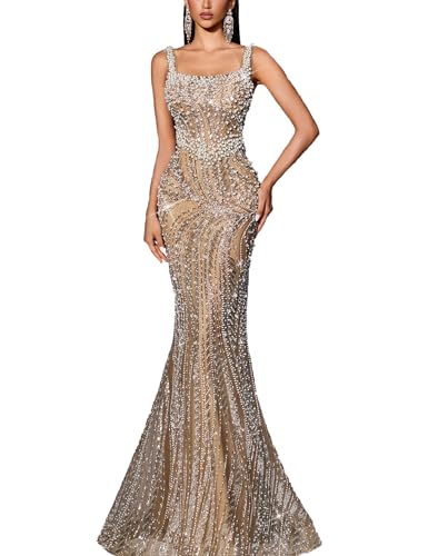 VOUIAO Women's Square Neck Sequin Beaded Mermaid Formal Evening Dress Spaghetti Strap Bodycon Prom Party Cocktail Maxi Gown L