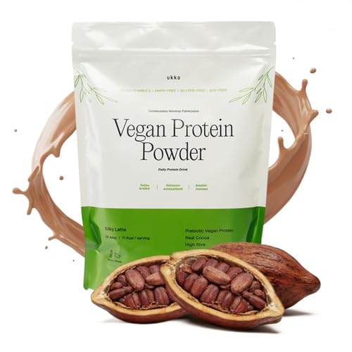 UKKO Vegan Protein Pulver Schoko, Eiweißpulver Fett- und zuckerarm 71 Kcal, Pflanzliches Veganes Proteinpulver mit Präbiotisch, Muskelaufbau Erbsenprotein, Ballaststoffreich, ohne Süßstoff Soja, 500g
