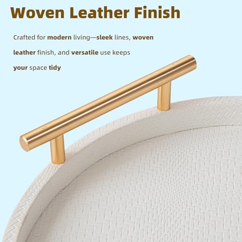 MACVAD 2 Piece White Round Serving Tray with Handles, Woven-Texture Faux Leather Ottoman Tray for Living Room, Decorative Tray for Coffee Table Home Decor by MACVAD - Used condition - Image 5