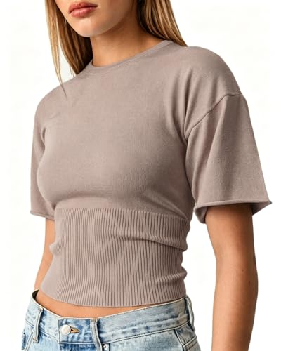 Womens Short Sleeve Knit Tops 2026 Summer Crew Neck Cinched Waist Fitted Ribbed Sweater - image 4
