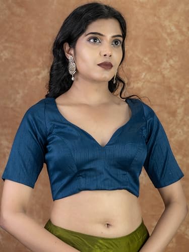 Image of FIGURE'S DESIGNER Women's Dupion Raw Silk Half Elbow Sleeves Sweetheart V Neck Sabyasachi Cut Readymade Saree Blouse S10