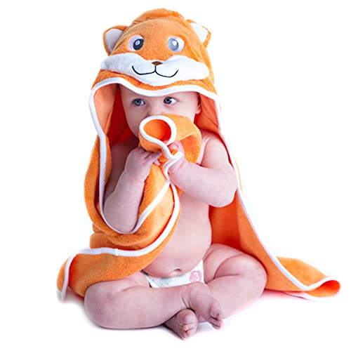 Image of Little Tinkers World Premium Hooded Towels for Kids | Beach Or Bath Towel | Fox Design | Ultra Soft | 100% Cotton Childrens Swimming/Bath Towel with Hood for Girls and Boys