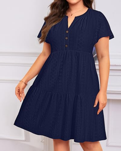 Image of Plus Size Summer Dress Casual Short Sleeve Button Midi Sun Dresses Women