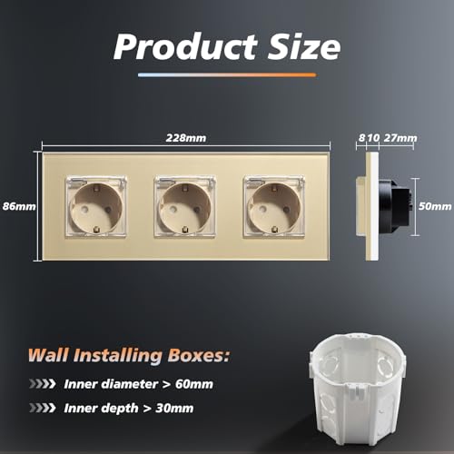 BSEED Unterputz Steckdose mit Wasserdichter Abdeckung, Glas Wandsteckdose Ideal f&uuml;r Feuchtr&auml;ume Outdoor und Indoor Verwendung, 228mm 3 Fach Gold