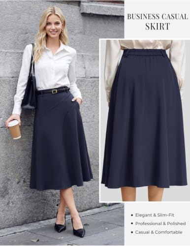 Image of Women's Business Casual Midi Skirt, High Waist Flowy Skirts with Pockets | Flowy, Work, Basic, Elegant, Teacher, Formal, Office, Funeral, Church, Fashion, Outfits, Clothing