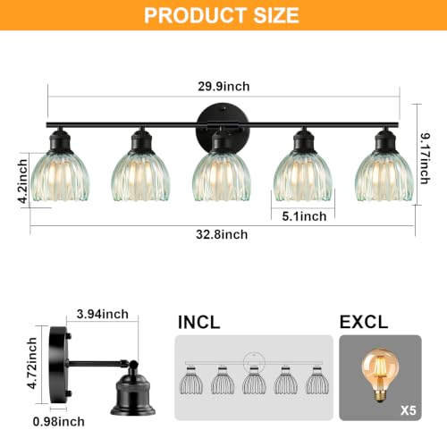 Image of Bathroom Light Fixtures, 5-Light Brushed Black Vanity Lights for Bathroom with Blue Tulip Glass Shade, 30 inch Vintage Bathroom Vanity Lighting Fixtures Over Mirror for Bedroom Living Room Hallway