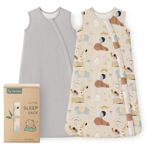 Image of Yoofoss Rayon Made from Bamboo Baby Sleep Sack 0-6 Months TOG 0.5 Baby Wearable Blanket, Super Soft Infant Toddler Sleeping Sack 2-Way Zipper, Grey&Animals