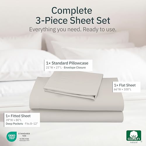 Image of Super Soft 100% Cotton Twin XL Bed Sheets, 3 Pc Set, Beige | Lightweight & Breathable For Hot Sleepers, All-Around Elastic, Durable, Easy Care, OekoTex Certified