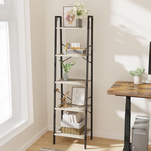 Image of Hzuaneri 5-Tier Ladder Shelf, Bookshelf Bookcase, Freestanding Corner Storage Shelve with 2 Hooks for Home Office, Living Room, Kitchen, Bedroom, Industrial, Greige and Black BC19205B