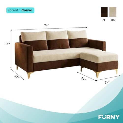 Image of FURNY Canvora 4 Seater L Shape Sofa Set with Movable Ottoman | Flexible Left or Right Layout | Plush Velvet Fabric (Cream-Brown) | Perfect for Living Room, Guest Room & Office