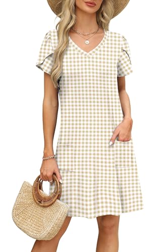 Image of OFEEFAN Womens Summer Dresses 2026 Tulip Petal Short Sleeve V Neck Loose Swing Sundresses with Pockets Plain /Print