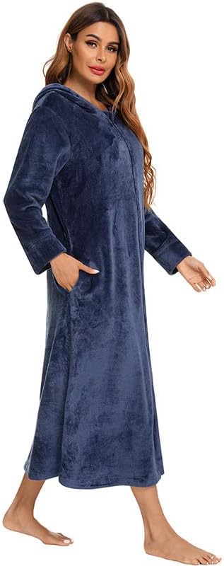 Velvet Robes for Women Long Sleeve Hooded Nightgowns Full Zip Winter Sleepwear Lounge Pajama Robe Fluffy Warm Bathrobe