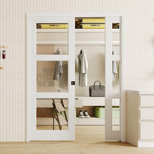 Image of Sliding Pocket Door with Lock, 48 inch x 80 inch, 3-Lite Clear Tempered Glass Pocket Doors with Frame and Hardware Kit Set, Interior Door Slab, White Primed - No Panel Assembly Required