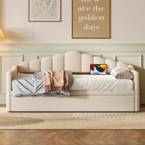 Bellemave Twin Size Upholstered Daybed with Pop Up Trundle, Twin Day Bed Frame with USB & Type-C Charging Ports, Velvet Sofabed with 2 Side Pockets, Beige