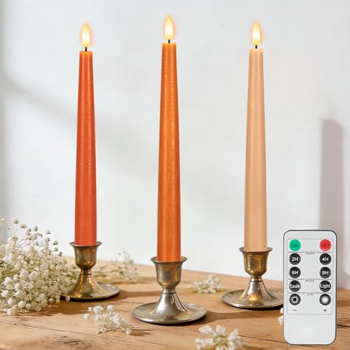 Image of Flameless Taper Candles with Remote, 9.6 inch Battery Operated Flickering LED Candlesticks, Real Wax Warm Earth Tone Taper Candles for Wedding Centerpieces, Dinner Table, Mantel, Window, 3 Pack
