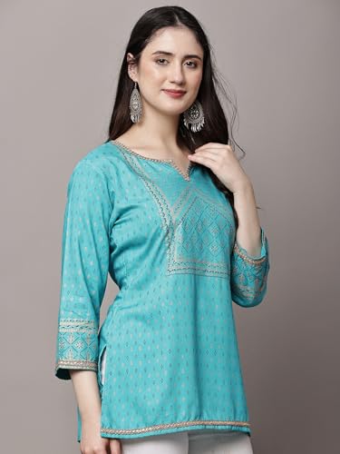 Image of Women's Pink Printed Short Kurti with Lace Trim, 3 /4 Sleeves, Ethnic Indian Style Top