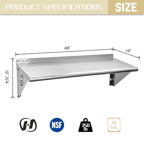 Image of Hally Stainless Steel Shelf 14 x 48 Inches, 350 lb, Commercial Wall Mount Floating Shelving for Restaurant, Kitchen, Home and Hotel