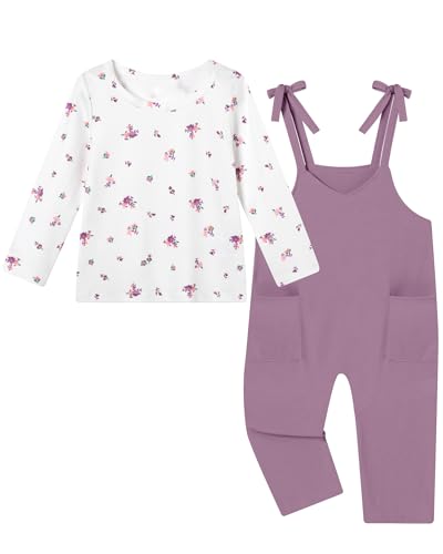 Latnnut Girls' Clothing Sets Girls Outfits with Overalls Purple Print Round Neck Top and Adjustable Strap Bib Pants with Pockets 5-6 Years