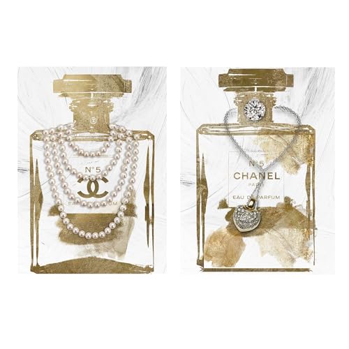 2 Pieces Vintage Perfume Bottle Wall Art Gold Canvas Pictures Wall Decor Modern...