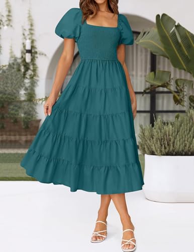 Image of ZESICA Women's 2026 Summer Puff Sleeve Midi Dress 2026 Boho Solid High Waist Flowy Beach Wedding Guest Long Dresses