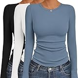 Ekouaer Women's Long Sleeve Shirts 3 Packs Crew Neck Stretchy Fitted Tops Ribbed Base Layer Soft Thermal Undershirts Tee Black/White/Grey Blue (3pcs) L