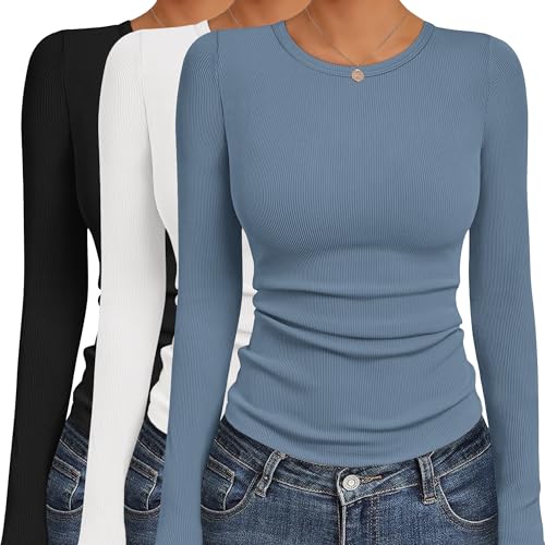 Ekouaer Women's Long Sleeve Shirts 3 Packs Crew Neck Stretchy Fitted Tops Ribbed Base Layer Soft Thermal Undershirts Tee Black/White/Grey Blue (3pcs) L