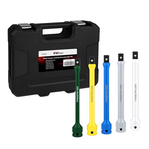 YIYITOOLS 5Pcs 1/2 Drive Torque Limiting Extension Bar Set 8 Long Torque Sticks (65-140 Ft-lbs) Impact Socket Extensions with Storage Case Color-Coded for Lug Nuts Tire Repair