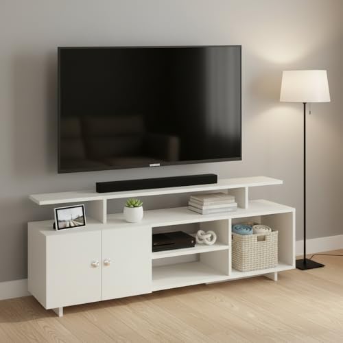 Image of FURNEASER Eskido Engineered Wood TV Entertainment Unit, Floor Standing TV Cabinet with Storage Shelves for Living Room, TV Stand for 32,43,50 & 55 Inch TV (Exotic Teak & White) (White)