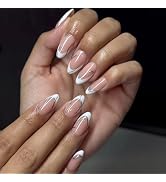 24Pcs French Tip Press on Nails Medium Almond Fake Nails Silver Line False Nails with Glossy Reus...