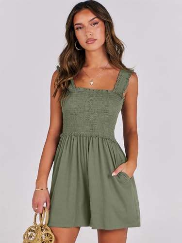Image of Caracilia Women's Summer Casual Smocked Rompers Square Neck Sleeveless Loose Shorts Jumpsuit 2025 Beach Vacation Outfits