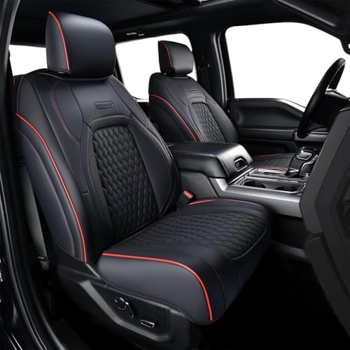 Image of Coverado Front Seat Covers for Ford F150 2015-2026, F250 F350 F450 2017-2026 SuperCrew Crew Cab, Red and Black Leather Car Seat Covers, Full Coverage