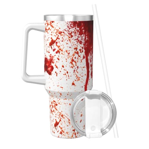 LYPZMET Blood Splatter Horror 40 Oz Tumbler With Handle And Straw Lid, Insulated Reusable Stainless Steel Travel Mug Iced Tea Or Coffee, Smoothie And More