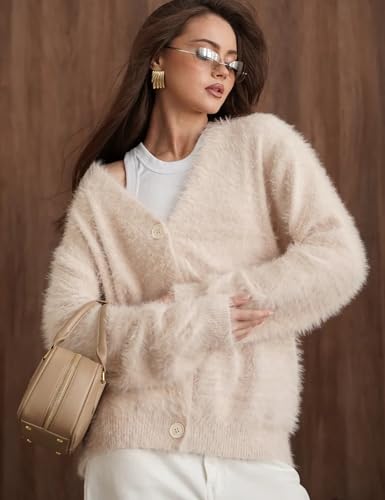 Image of COZYPOIN Womens Fuzzy Cardigan Sweater V Neck Button Down Soft Knit Coat | Loose, Comfy, Slouchy Drop Shoulder, Long Sleeve Fluffy Mohair, Warm, For Daily Work Holiday, Spring Fall Winter Fashion