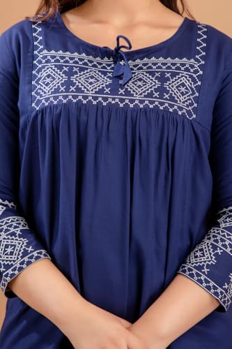 Image of Avayayat Short Kurti for Women | Embroidered Straight Rayon Kurta | Round Neck Full Sleeves Short Kurti for Women's
