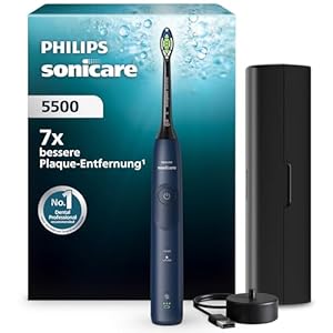 Philips Sonicare 5500 elektrische Zahnbürste, Schallzahnbürste mit 2 Putzmodi, Andruckkontrolle, EasyStart, SmarTimer und BrushPacer, Navy, Modell HX7113/01 [Neue Technologie]