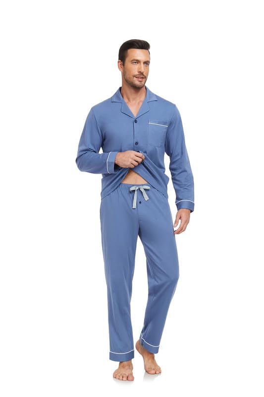 COLORFULLEAF Men's 100% Cotton Pajama Set Long Sleeve Button Down Top & Pants Soft Fall Sleepwear for Cozy Nights2